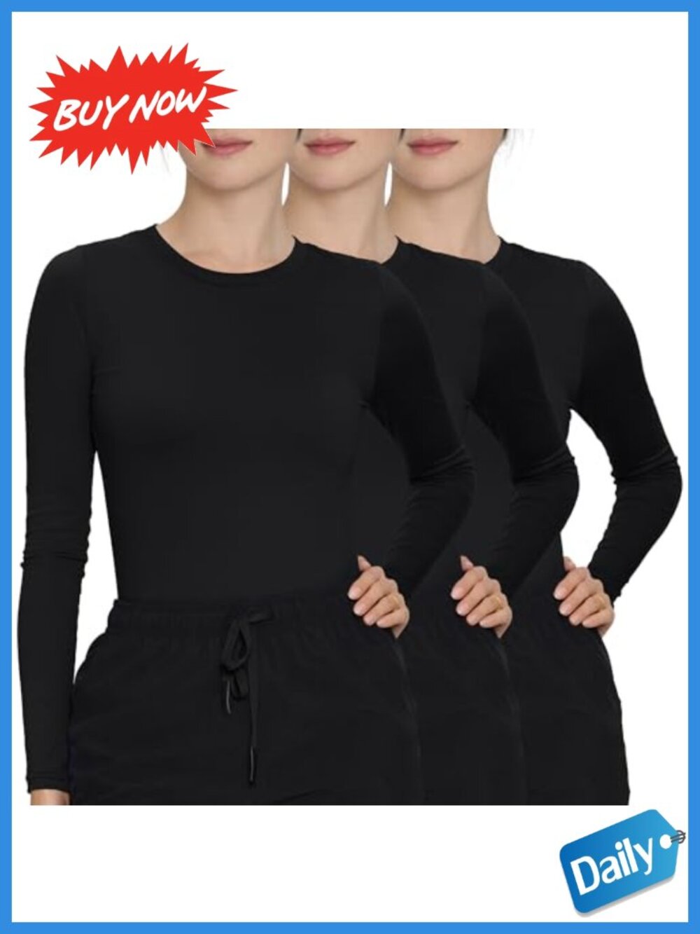 3 Pack Women's Long Sleeve Underscrub Crew Neck Slim Fit Layering Top